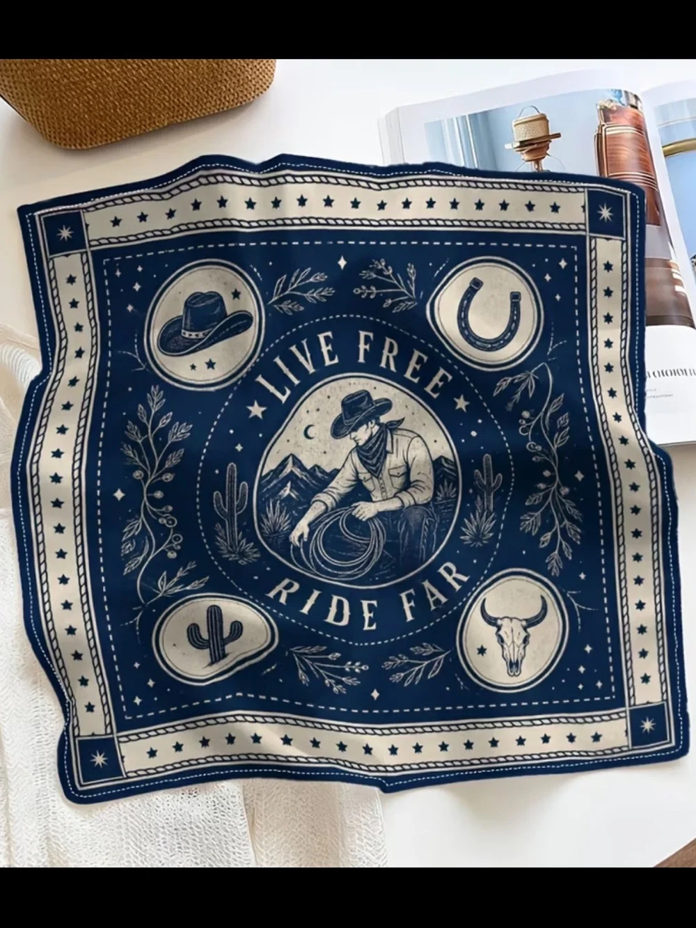 Live Free Ride Far Western Bandana - Navy & Cream